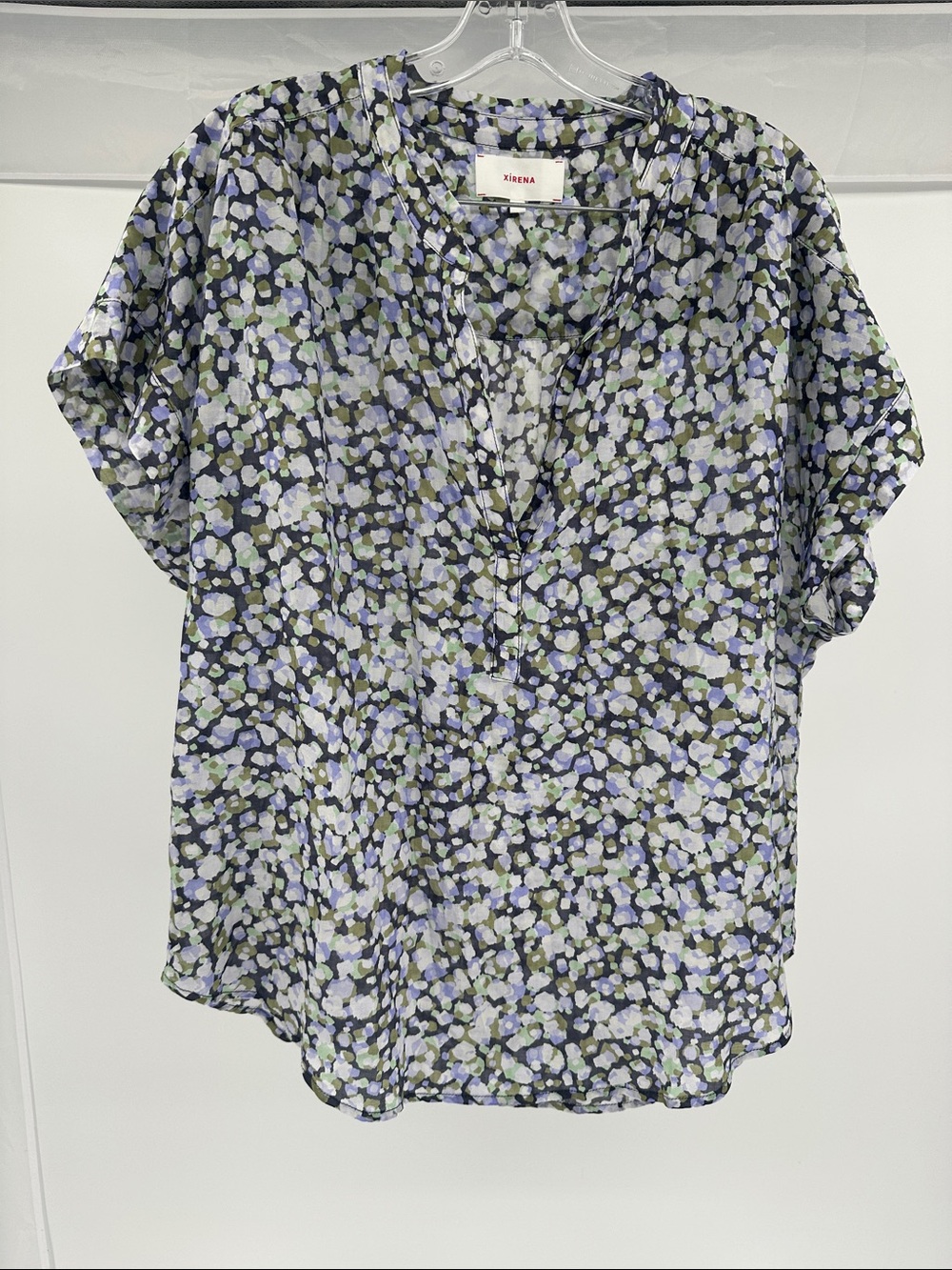 XiRENA Black Floral V-Neck Short Sleeve Blouse with Lavender & Cream Accents